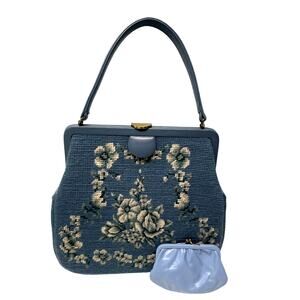 Vintage Needlepoint Handbag Purse Blue Floral with Coin Purse and Feet